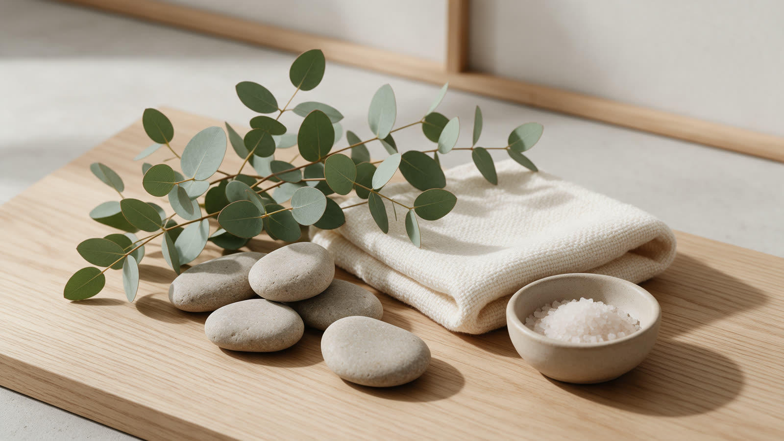 BonniWellness.com: wellness brand domain registered in 2009 Spa still life with eucalyptus, river stones, a folded cream towel and a bowl of sea salt