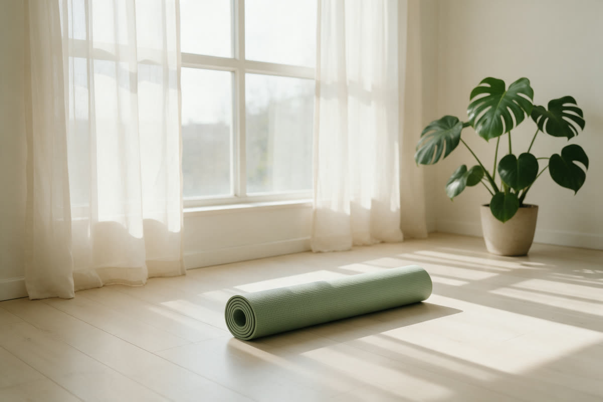 Yoga studio in morning light Sunlit yoga studio with a rolled sage green mat and a monstera plant