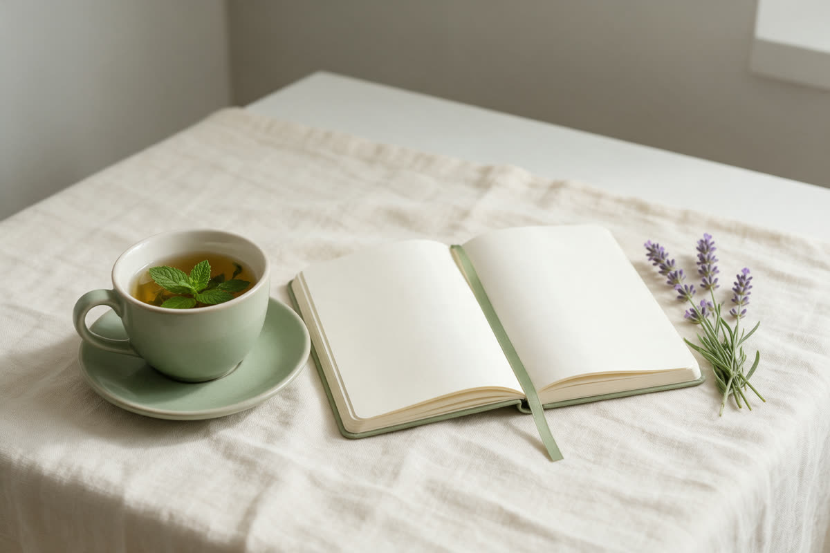 Herbal tea and journal Cup of mint tea, an open journal and a sprig of lavender on cream linen
