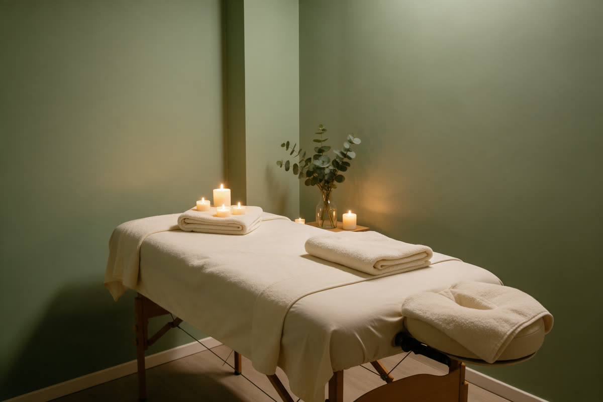 Massage therapy room Massage therapy room with a treatment table, candles and eucalyptus